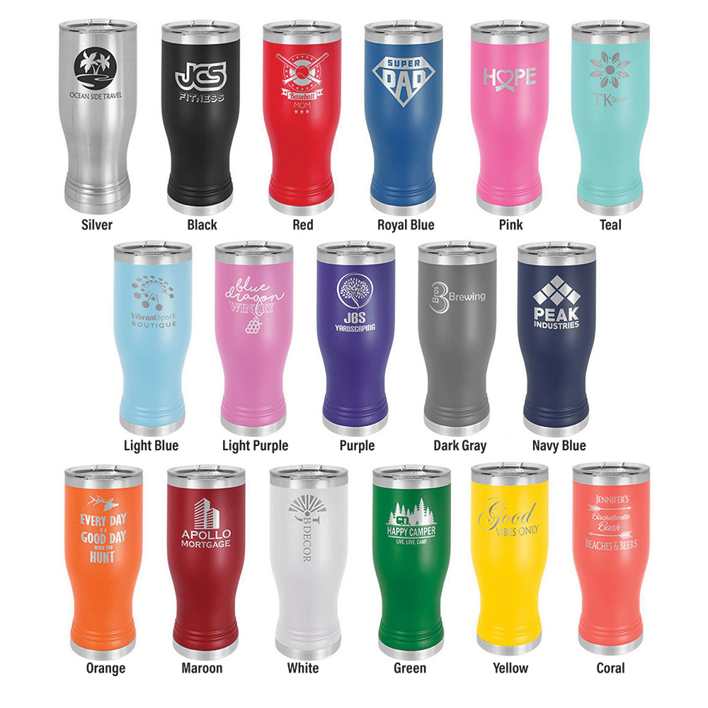 Custom Engraved 14 or 20oz Pilsner Tumbler, Add your own text, design, logo. Multiple colors