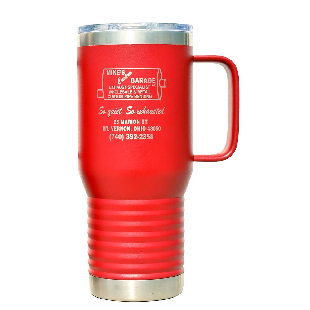 Custom Engraved Stainless Steel Travel Mug. Add your own text, design, logo. Multiple colors.