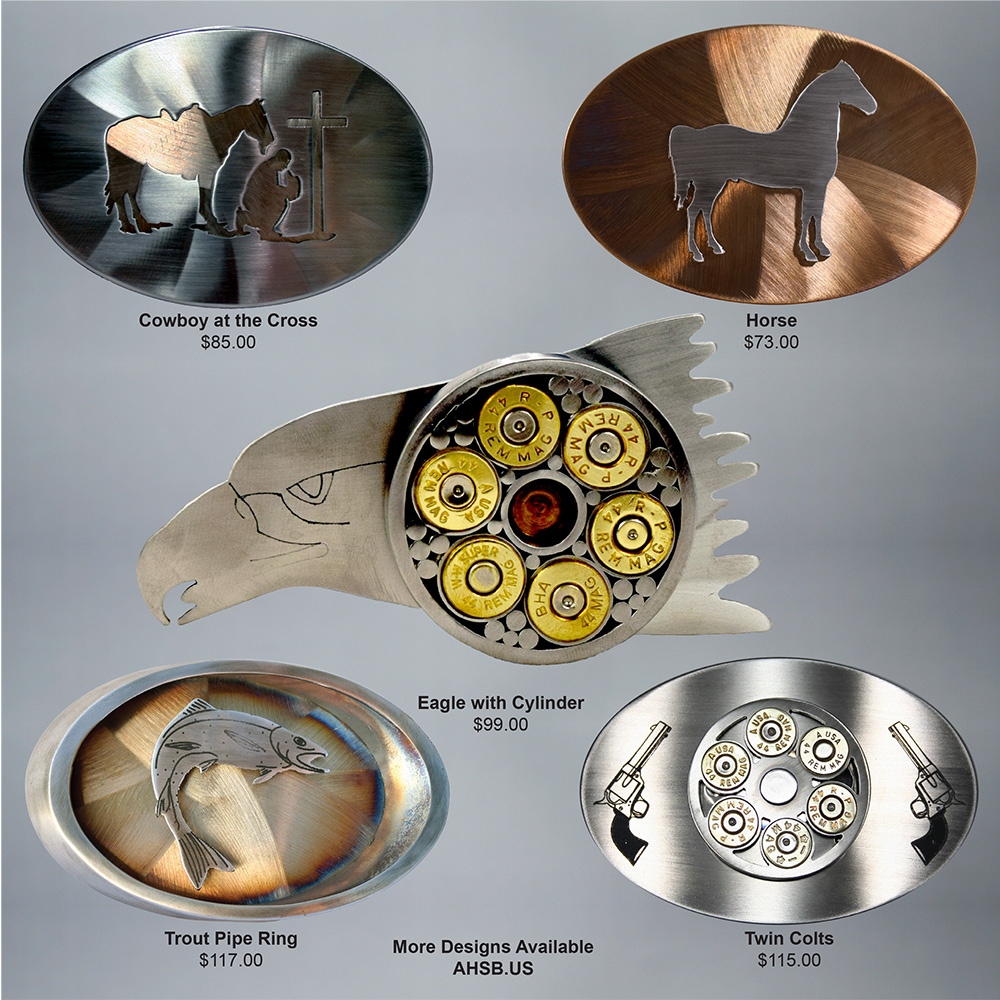 Custom Engraved Stainless Steel Belt Buckles. Add your own image, text, or logo. Spinning .44 mag cylinder. Great gifts for Father's Day, Christmas, Birthdays, Weddings
