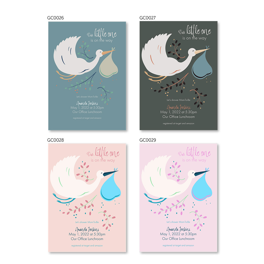 Custom designed and printed baby shower invitations. Pastel Storks, graphic design, custom pictures and text.