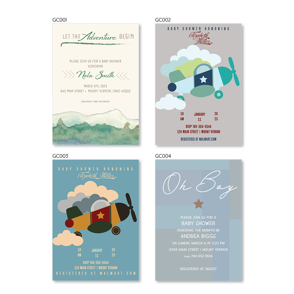 Custom designed and printed baby shower invitations. Nature and airplanes, graphic design, custom pictures and text.