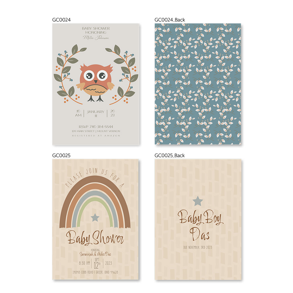 Custom designed and printed cards and baby shower invitations. Animals, flowers, rainbows, graphic design, custom pictures and text.