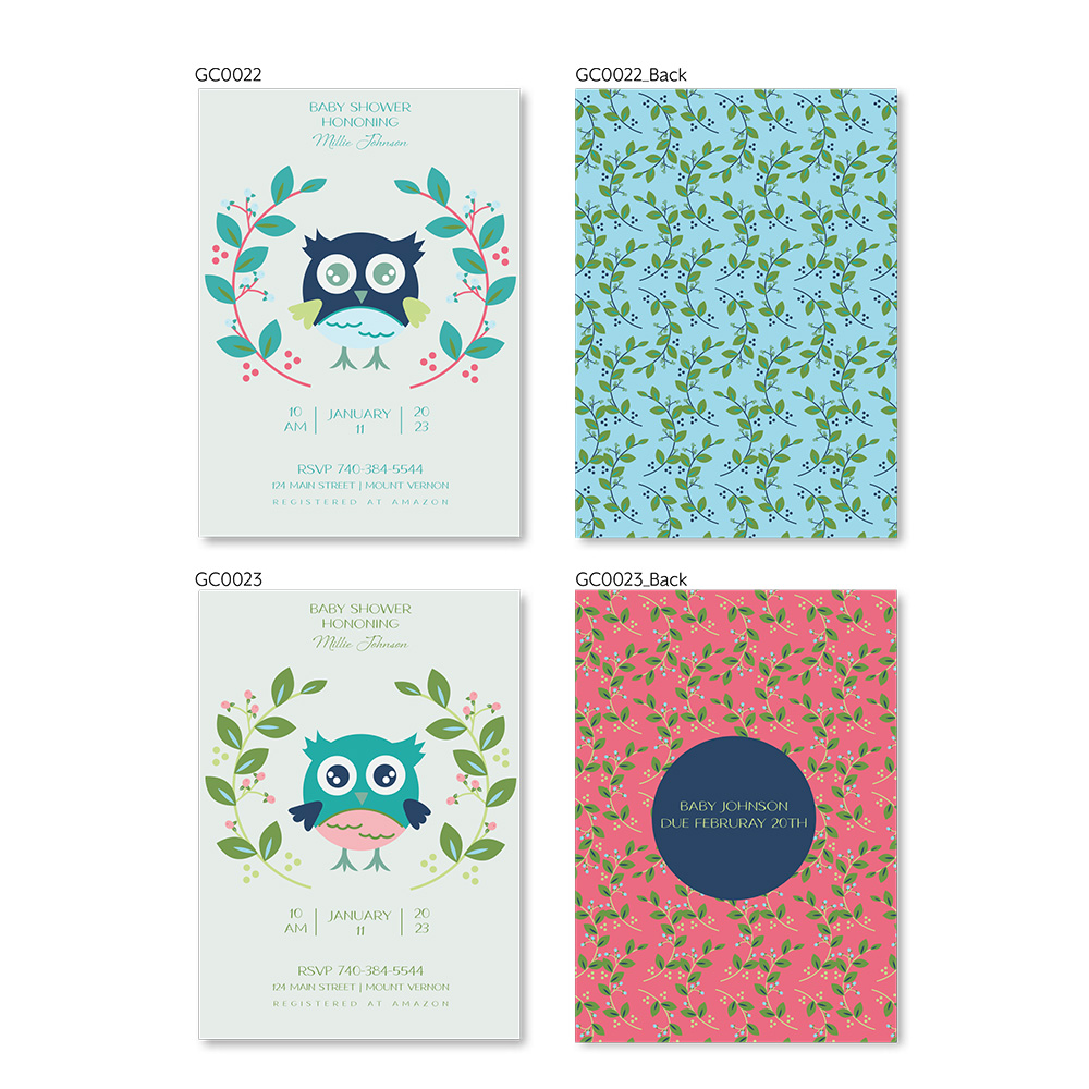 Custom designed and printed cards and baby shower invitations. Animals, flowers, graphic design, custom pictures and text.