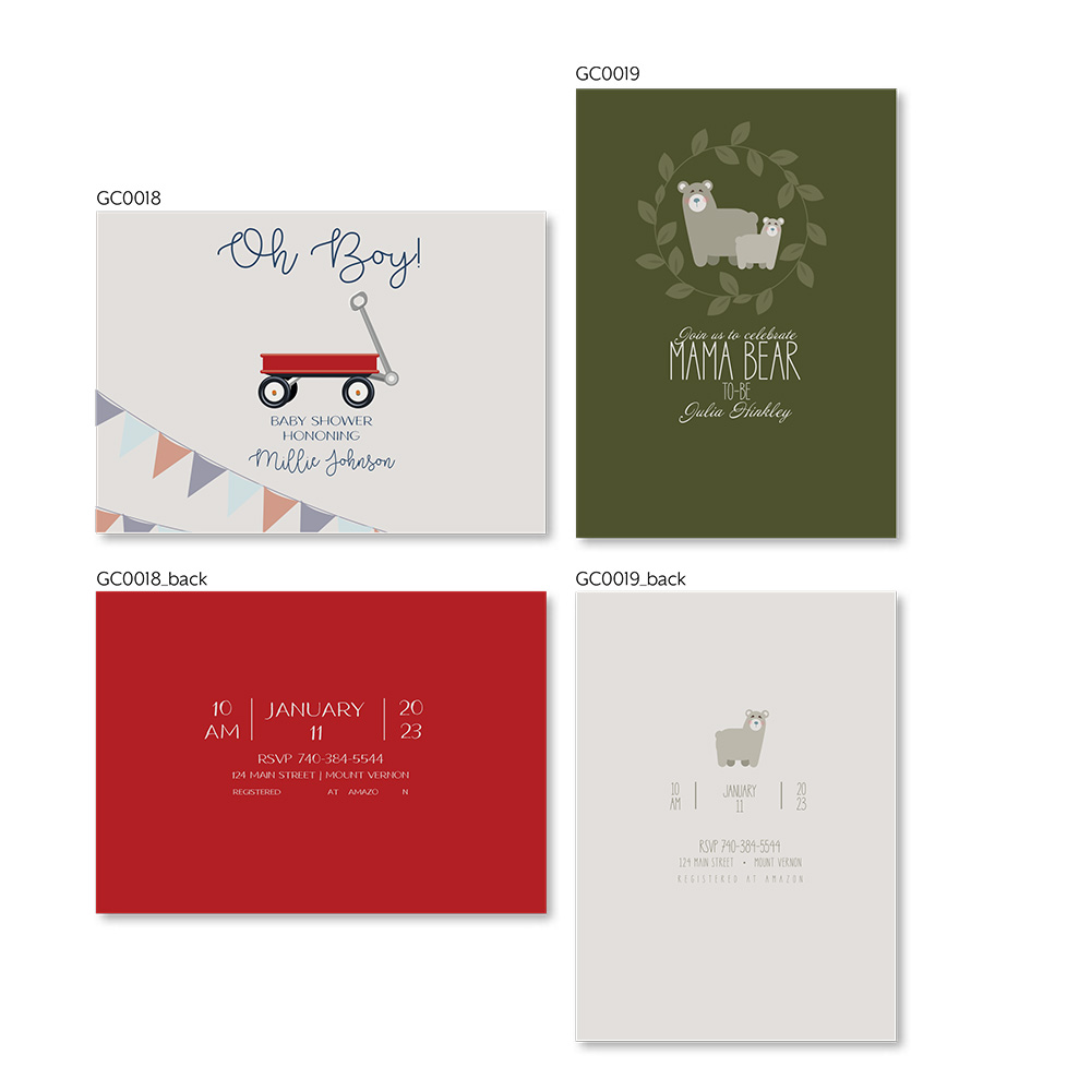 Custom designed and printed cards and baby shower invitations. Animals, flowers, graphic design, custom pictures and text.