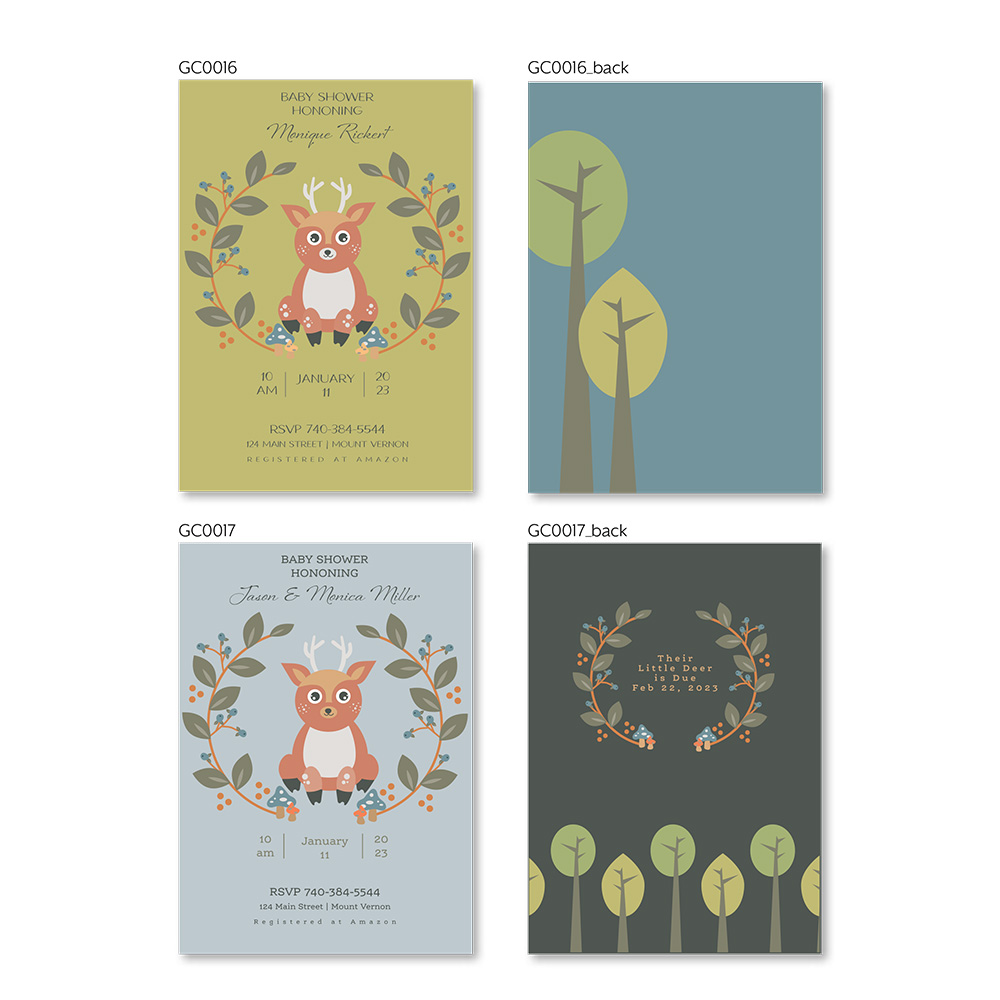 Custom designed and printed baby shower invites. Cute animals, trees, nature designs.