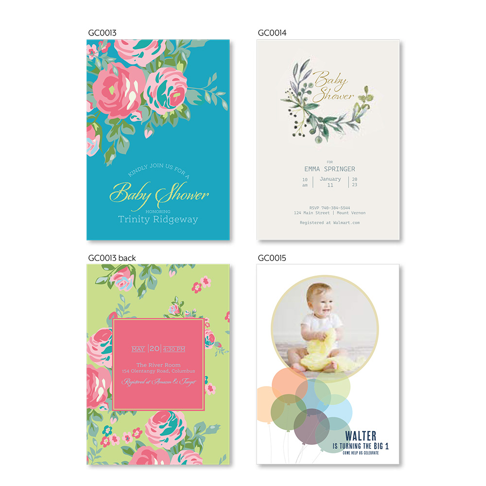 Custom designed and printed invitations. Flowers and plant designs, custom pictures and text.