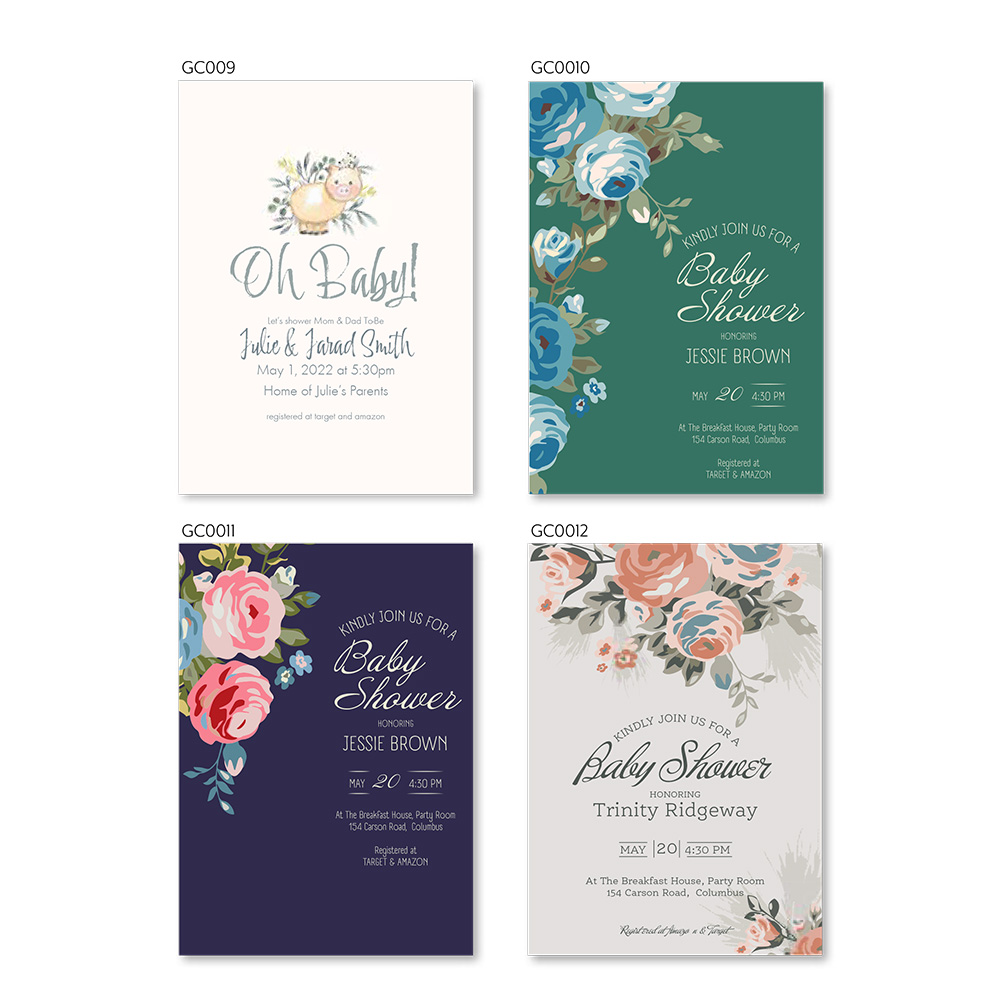 Custom designed and printed baby shower invitations. Flowers, animals, and plant designs, custom pictures and text.