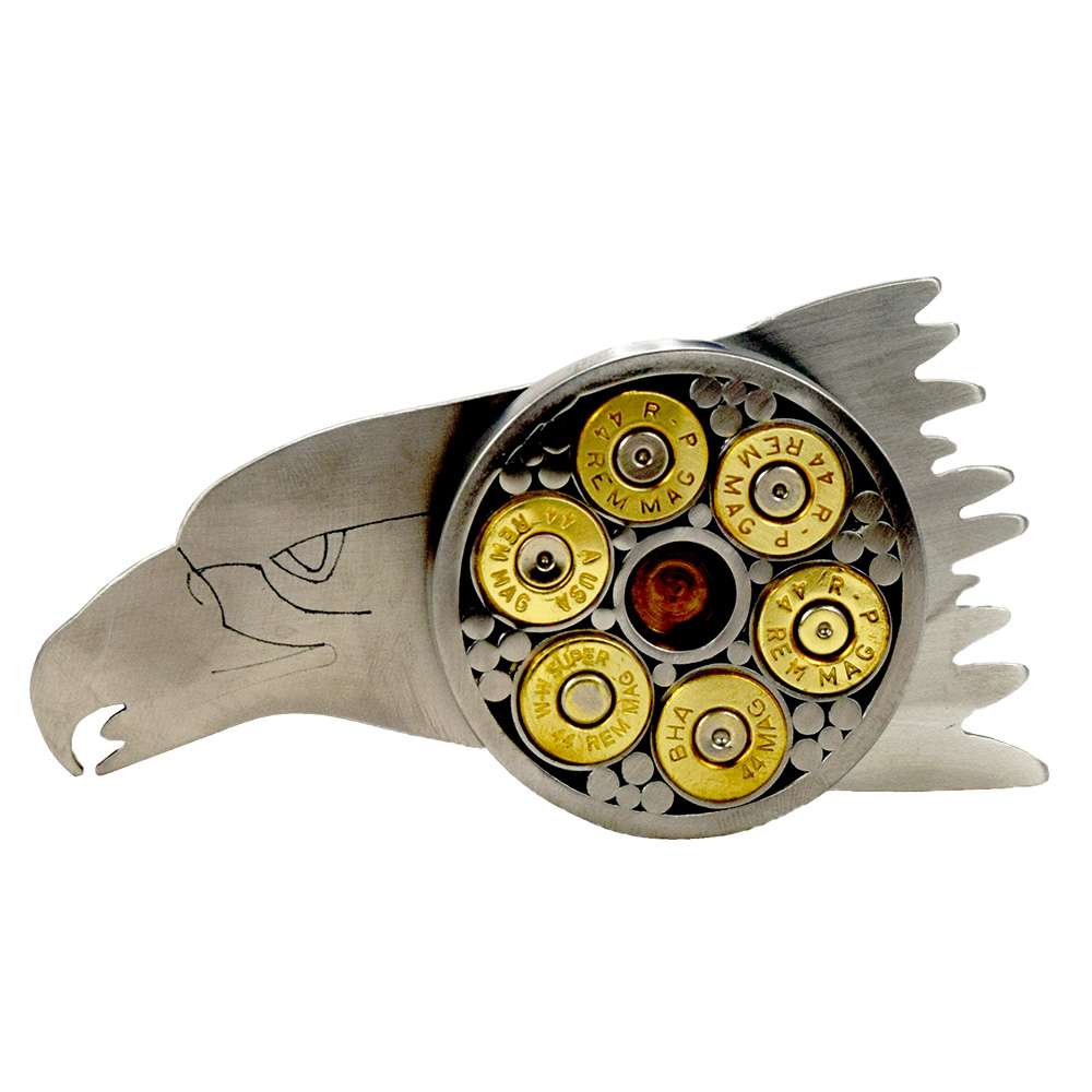 Custom Engraved Stainless Steel Belt Buckles, Eagle cutout and spinning .44 mag cylinder. Add your own image, text, or logo.