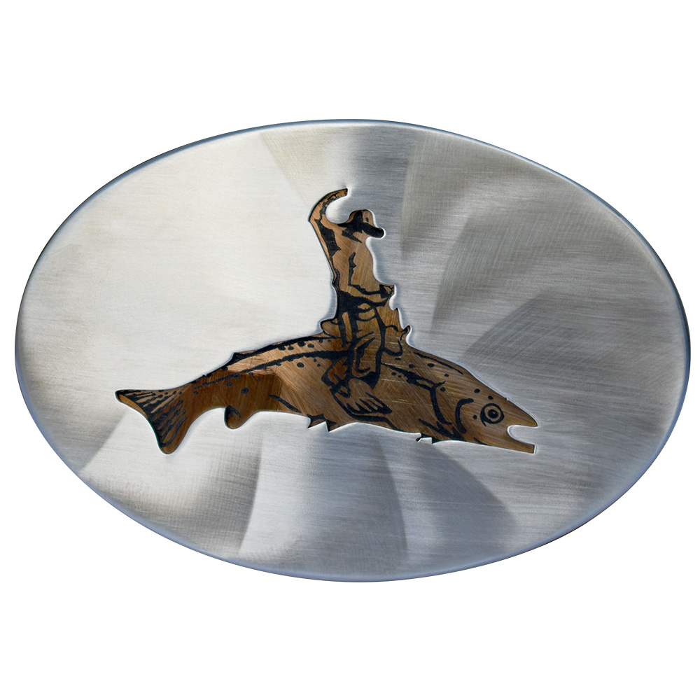 Custom Engraved Stainless Steel Belt Buckle, Man Riding Bucking Trout. Add your own image or logo.