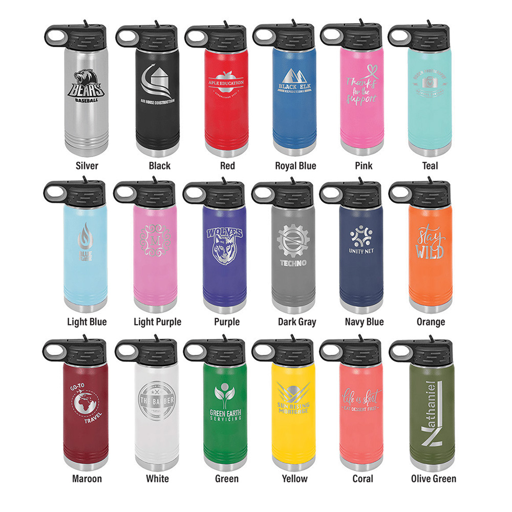 Custom Engraved 20oz Polar Water Bottle, Add your own text, design, logo. Multiple colors