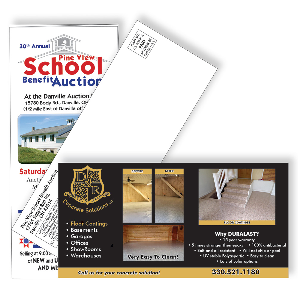 Direct Mail advertisements. Postcards and brochures for small businesses directly to customers.