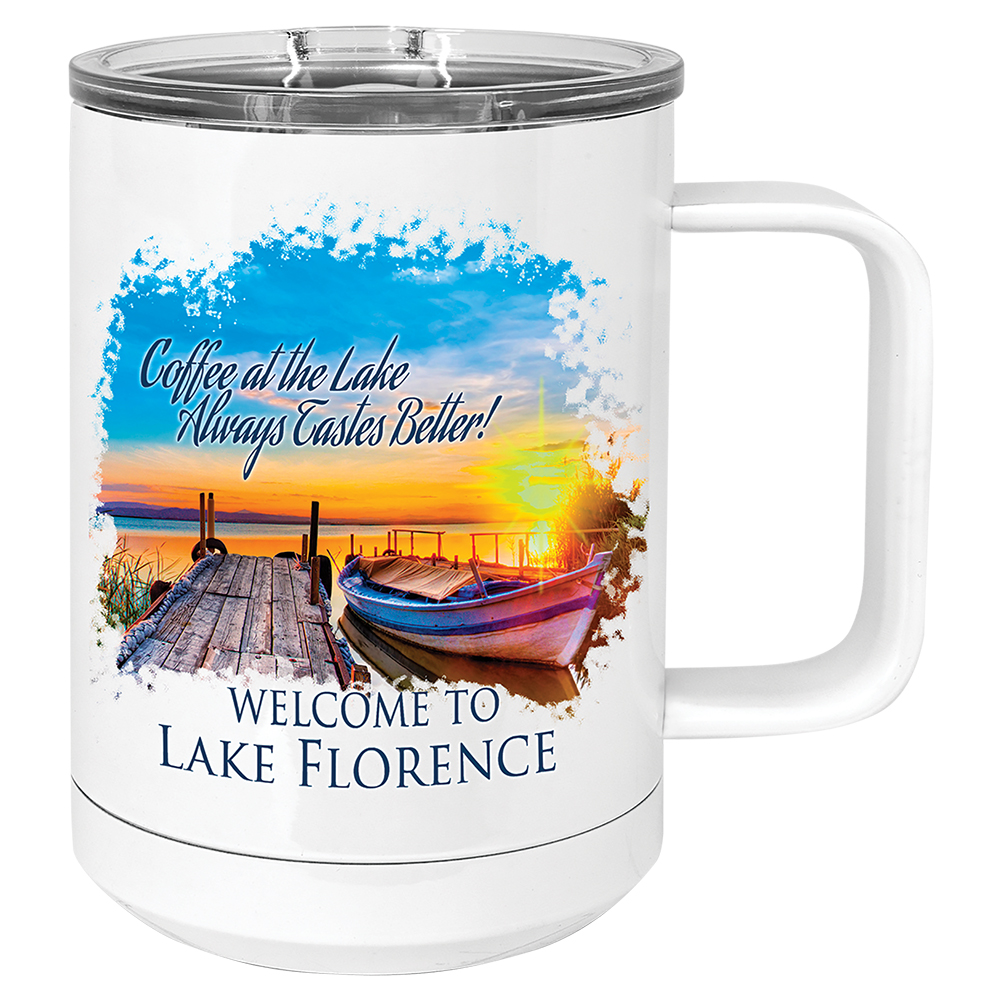 15oz Stainless Steel Mug W/ Slider . Printed with image and text, Coffee at the lake tastes better
