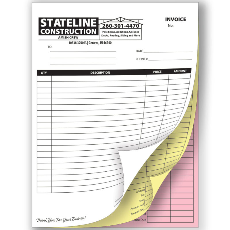 Stateline Construction Invoice, Carbonless 3 part manifold book